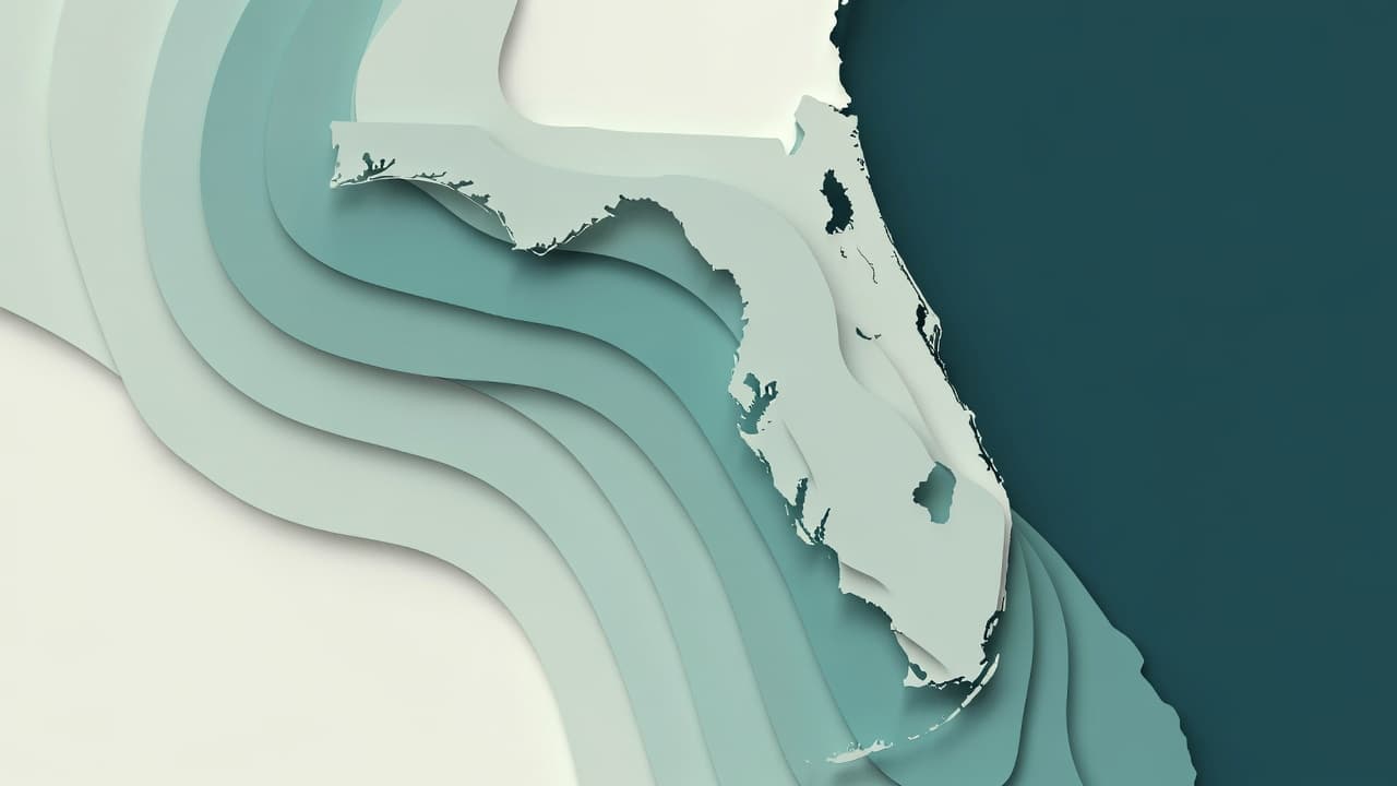 A stylized layered map of the Florida peninsula in the site's teal and haze palette.